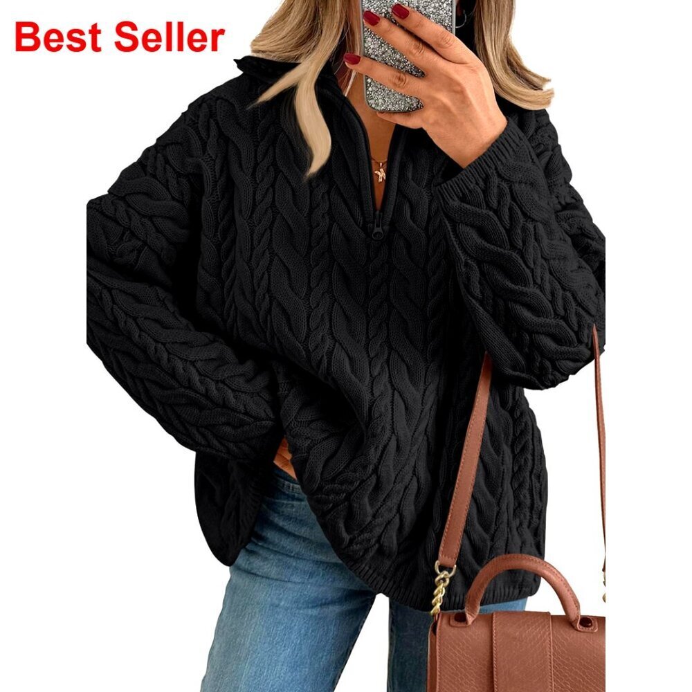 Oversized Cable Knit Quarter Zip Pullover Sweater Cotton Acrylic Blend
